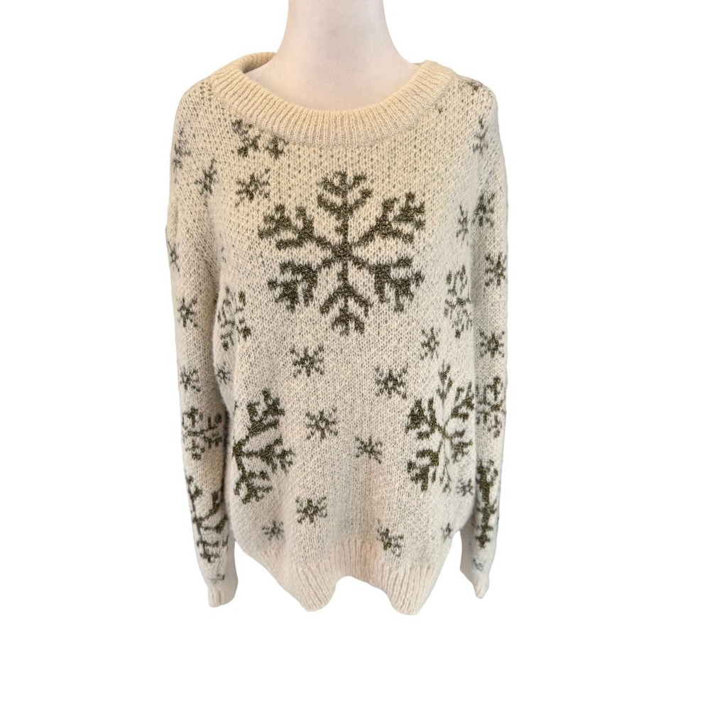 Vero Moda Snowy Frost Snowflake Metallic Gold Fuzzy Knit Sweater XL Birch White